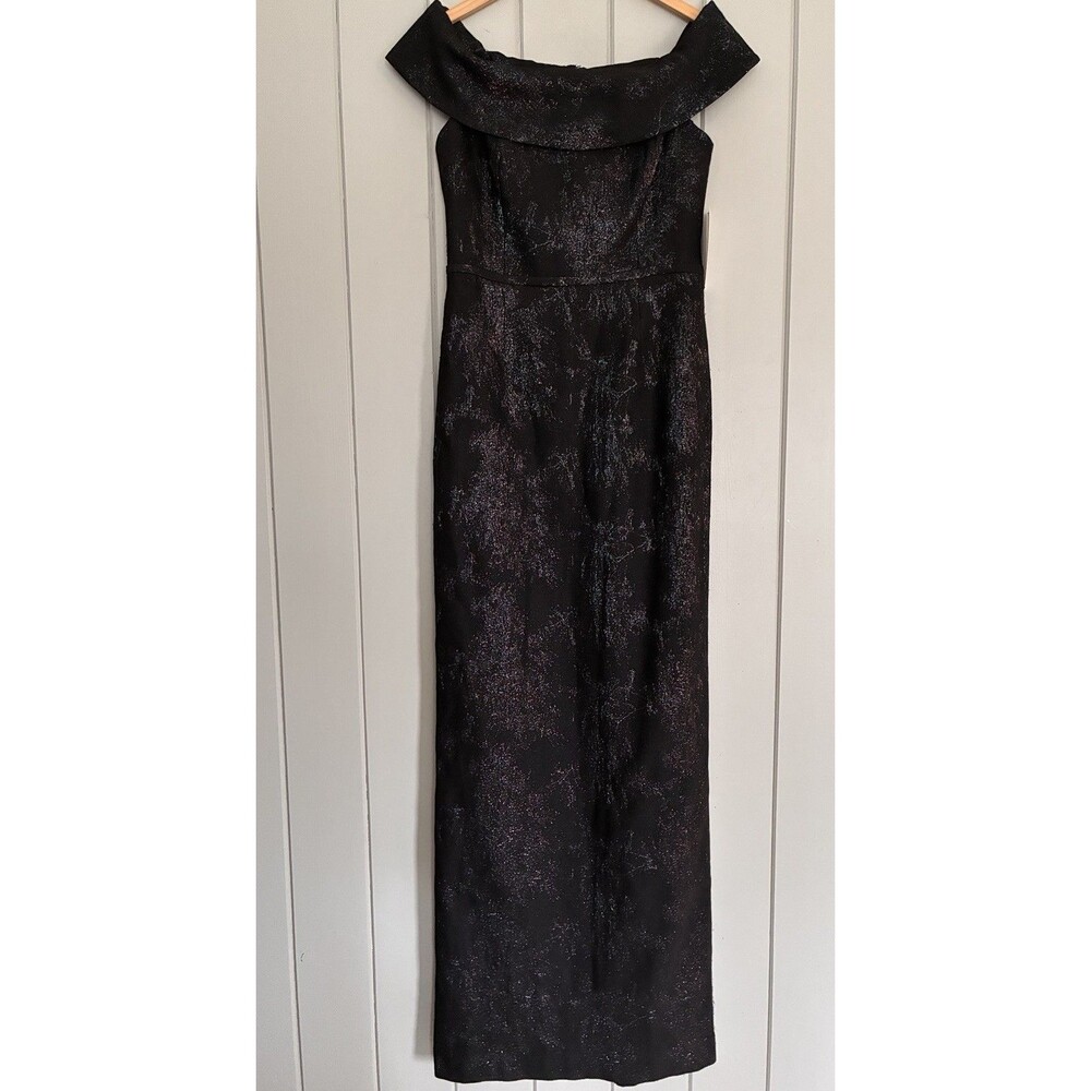 NWT Teri Jon By Rickie Freeman 8 Off Shoulder Gown Black Sparkle Column NEW